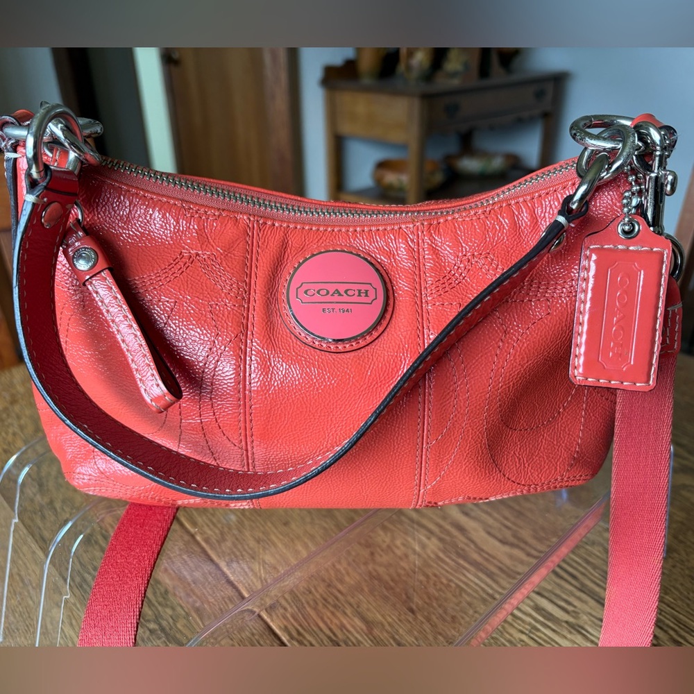 Coach signature stitched, patent leather shoulder bag tangerine silver hardware
